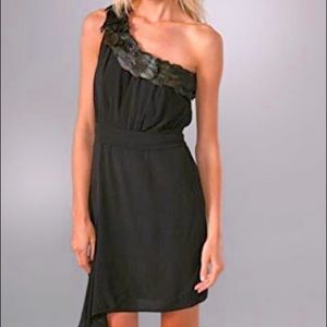 Black Halo Helena One Shoulder Feather Dress